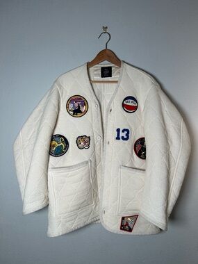One of a kind Quilted Military  “Black Budget” Patch  Jacket in Cream no size
